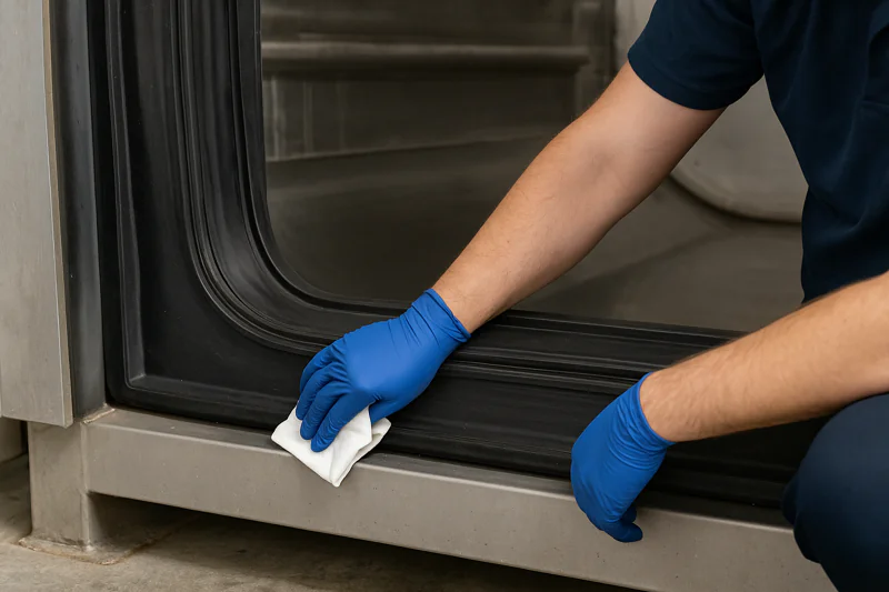 A worker carefully wiping down the large black rubber door seal of a vacuum cooler chamber.