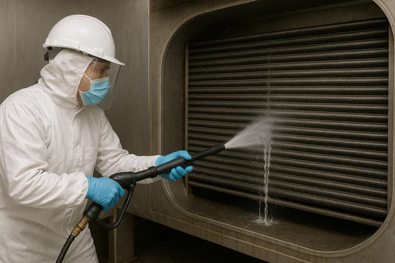 A food plant worker in full protective gear using a high-pressure water wand to meticulously clean the evaporator coils inside a vacuum chamber.