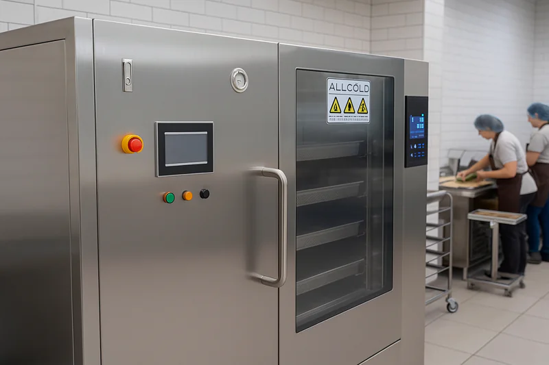 A compact, gleaming stainless steel vacuum cooler next to a baking oven in a commercial kitchen.