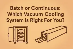 Batch vs. Continuous vacuum cooling system comparison graphic with title “Which is Right For You?” featuring illustrations of batch and tunnel-style conveyor systems on a warm gradient background