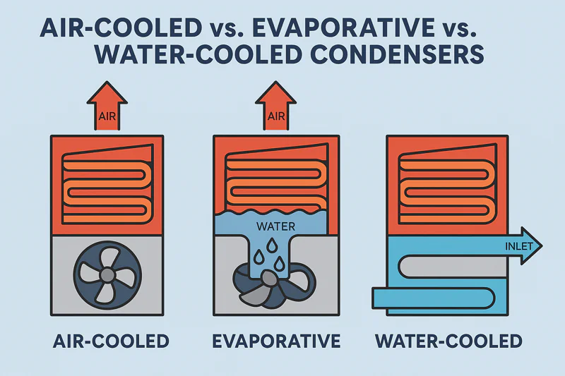 An infographic comparing the simplified diagrams of air-cooled, evaporative, and water-cooled condensers side-by-side.