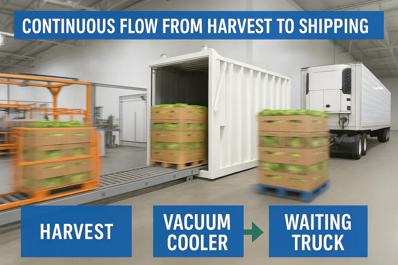 A fast-motion video or image showing pallets of produce moving smoothly from a harvest line, through a vacuum cooler, and directly onto a waiting truck