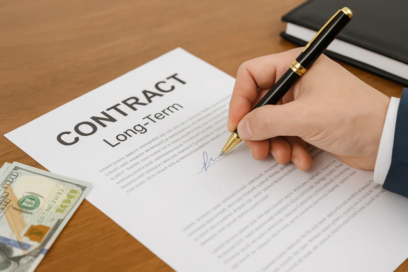 A hand signing a lucrative, long-term contract, symbolizing trust and brand reputation
