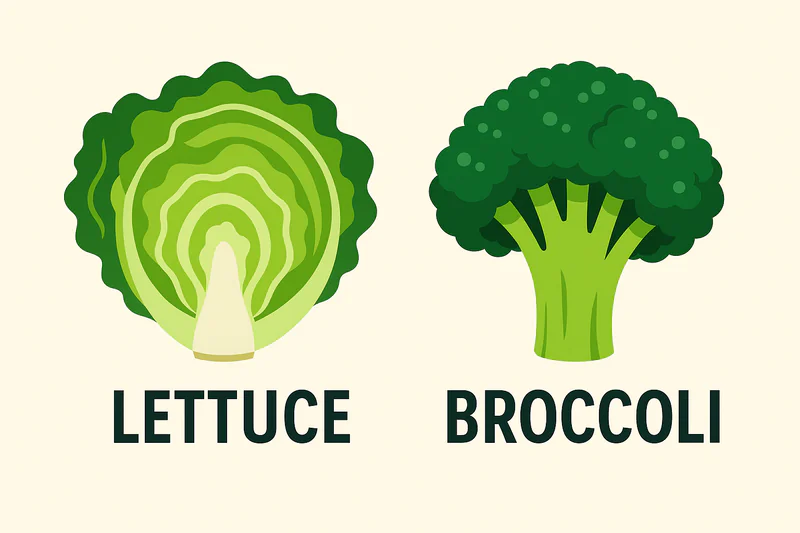 An illustration comparing the cross-section of a leafy lettuce head versus a dense broccoli floret