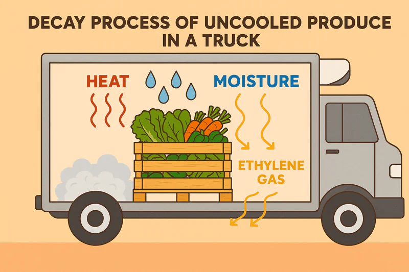 An illustration showing heat, moisture, and ethylene gas building up around a pallet of warm vegetables inside a truck