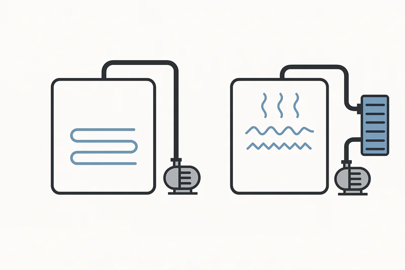 A clear diagram comparing direct cooling (coils inside the chamber) versus indirect cooling (clean chamber with steam going to an external condenser).