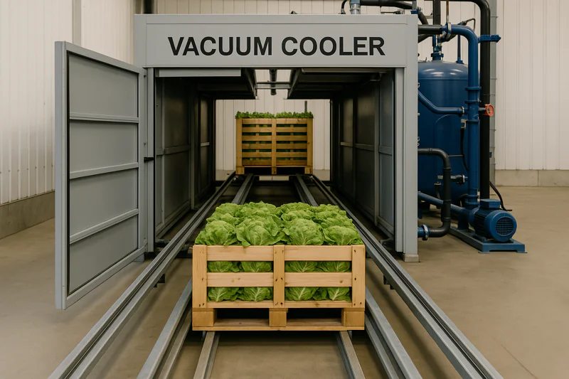 A dual-rail system for a vacuum cooler, showing one pallet entering as another exits