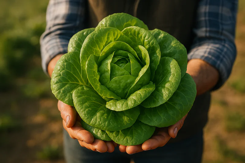 A beautiful, vibrant head of organic lettuce, glistening with freshness, held in a farmer's hands