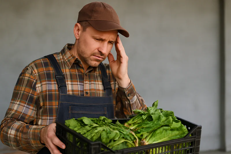 A farmer looking concernedly at a crate of slightly wilted organic greens