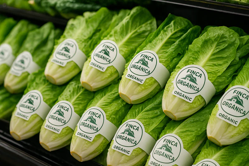 A photo of Finca Orgánica's branded organic lettuce neatly stacked in a high-end supermarket