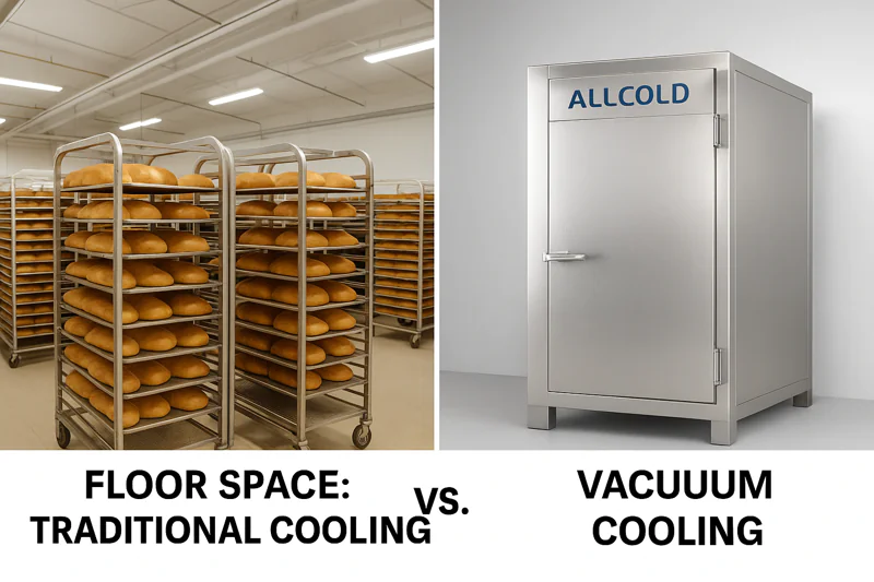 A split-image: one side shows a crowded bakery floor filled with cooling racks, the other shows a single, compact ALLCOLD vacuum cooler.