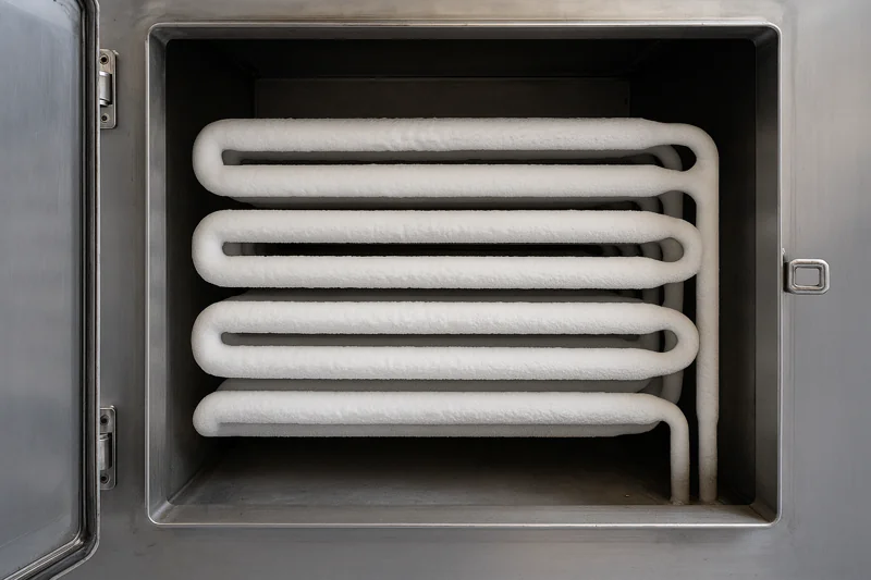 A detailed shot looking inside an open vacuum cooler, showing the large evaporator coils completely coated in a thick layer of white ice after a cycle.