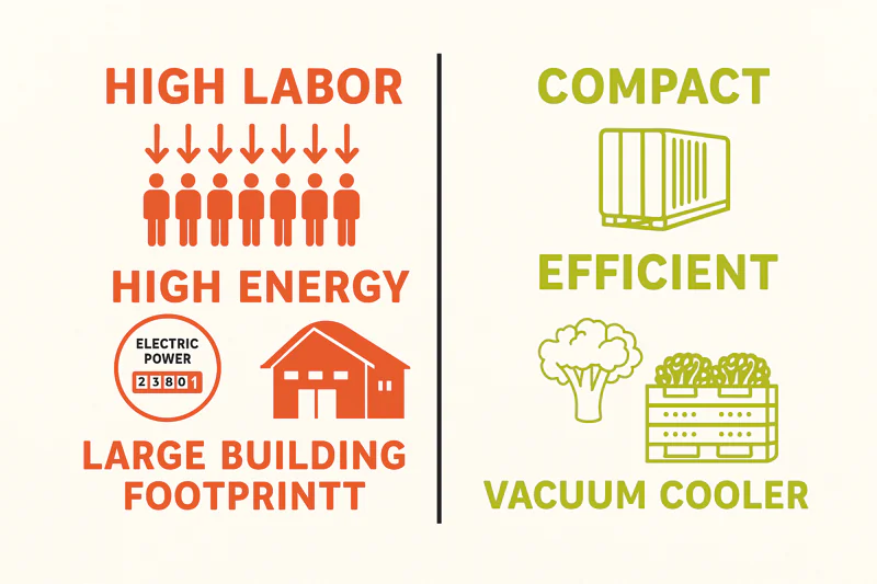 An infographic breaking down costs: high labor (many arrows), high energy (big power meter), large building footprint vs. compact and efficient vacuum cooler