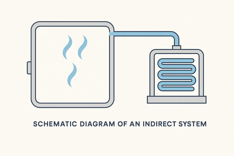 A schematic diagram of an indirect system, clearly showing a clean, empty chamber, with vapor being piped to a separate, external condenser unit.