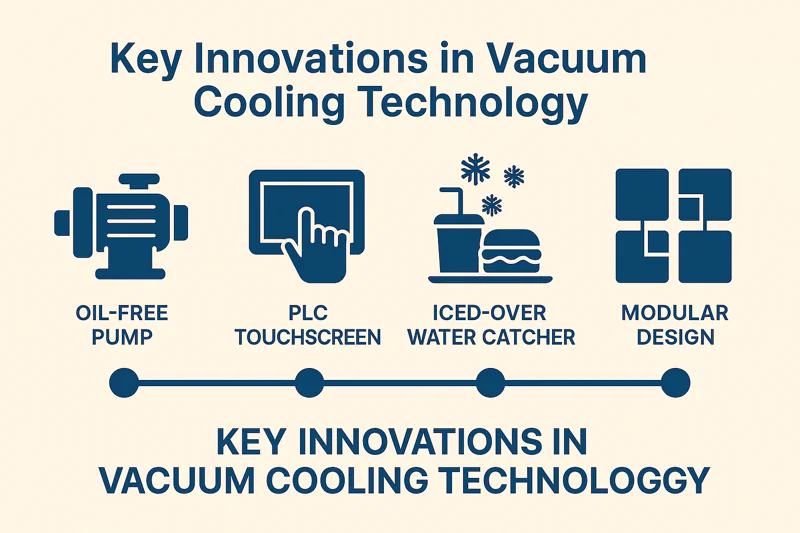 An infographic timeline showing four key innovations: an oil-free pump, a PLC touch screen, an iced-over water catcher, and a modular design diagram.