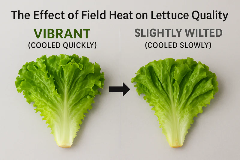 An infographic comparing two heads of lettuce: one vibrant (cooled quickly) and one slightly wilted (cooled slowly).