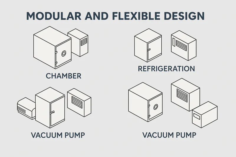 A 3D CAD drawing showing how separate modules for the chamber, refrigeration, and vacuum pump can be arranged in different layouts to fit a factory floor.