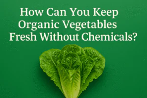 Green background with bold white text asking ‘How Can You Keep Organic Vegetables Fresh Without Chemicals?’ above a fresh head of Romaine lettuce, conveying freshness and natural preservation