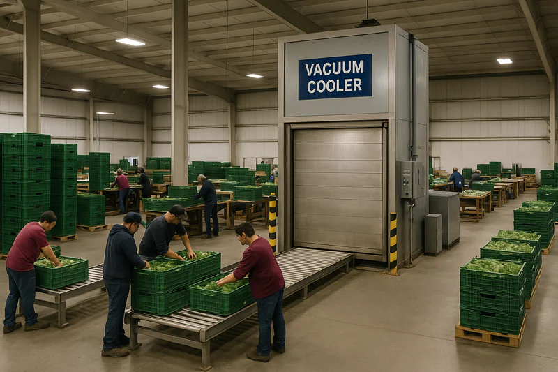 A bustling but organized packing house with a vacuum cooler at the center of the workflow