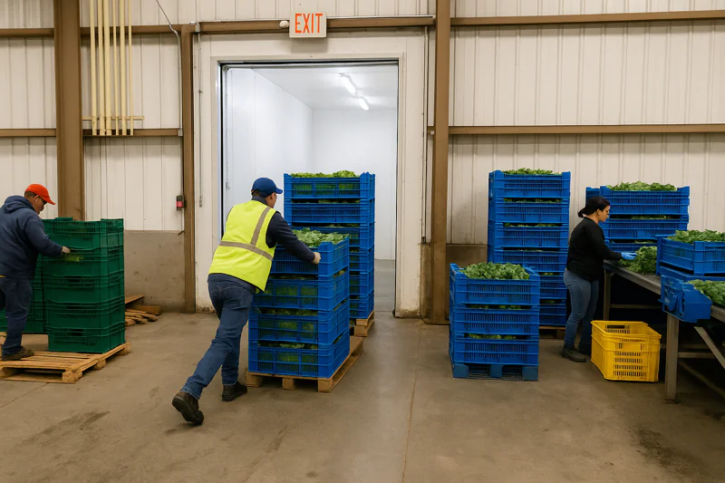 An image of a busy packinghouse with a clear bottleneck at the cold room door