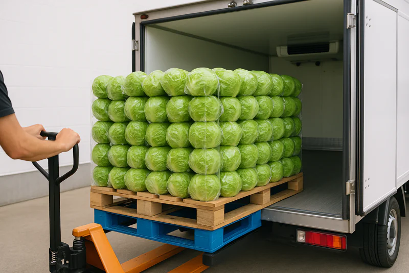 A pallet of perfectly pre-cooled lettuce being loaded into a clean, refrigerated truck