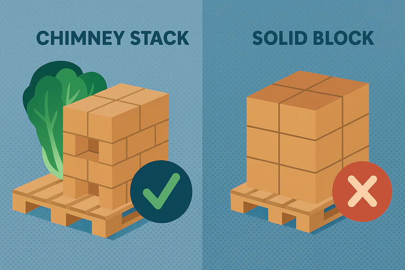 An illustration showing the correct 'chimney stack' pattern on a pallet versus a tightly packed, solid block