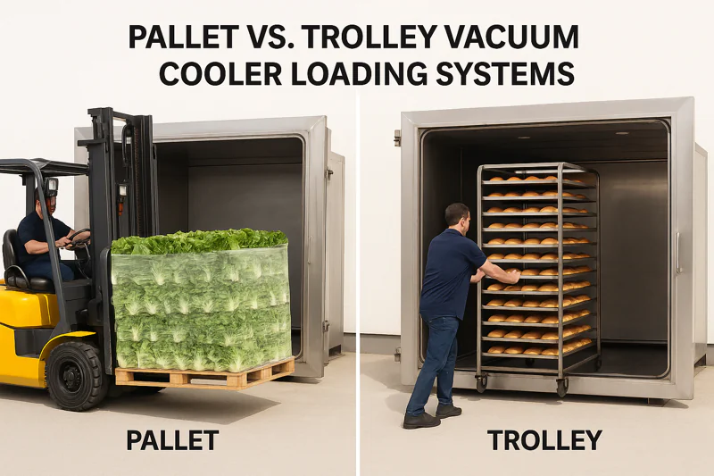 A side-by-side photo showing a forklift loading a large pallet of lettuce into one cooler, and a worker easily pushing a tall metal trolley of bread into another.