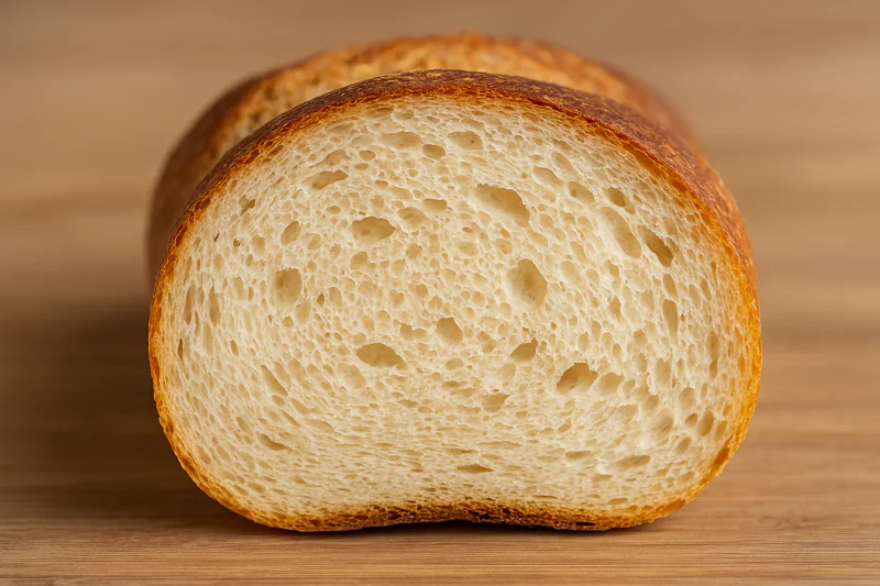 A close-up shot of a perfectly sliced loaf of bread, showing a moist, even crumb and a crisp crust, credited to vacuum cooling.