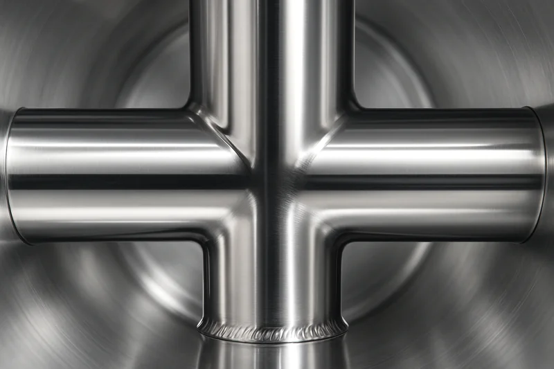 A close-up of a perfectly smooth, polished T-weld inside a stainless steel chamber, reflecting light cleanly.