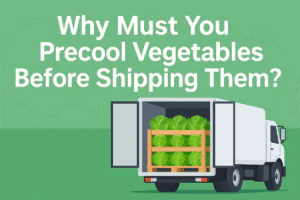 Why precooling vegetables is essential before shipping – illustrated image of a fresh lettuce pallet inside a refrigerated truck with bold green title text