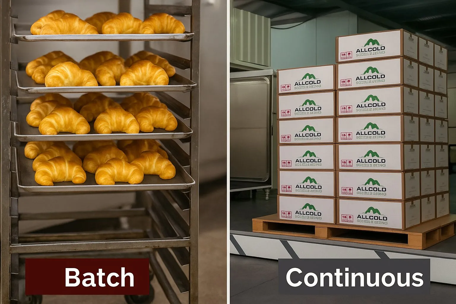 Close-up image showing perfectly arranged croissants on a trolley (batch) next to an image of loose leaf lettuce moving on a conveyor (continuous).