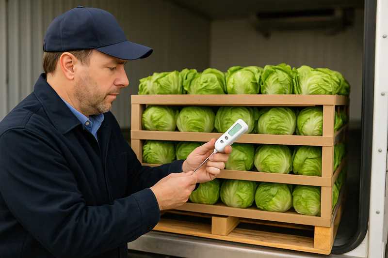 A buyer using a probe thermometer to check the temperature of a newly arrived pallet of lettuce