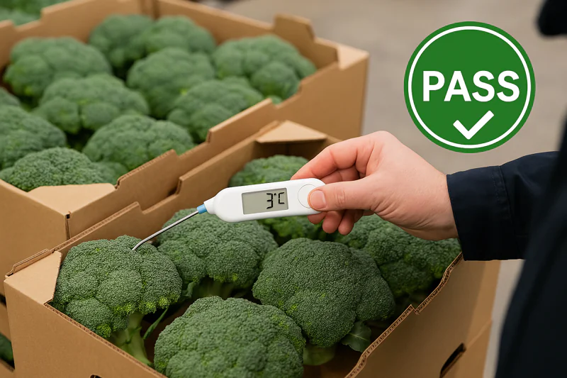 A quality control inspector using a digital thermometer on a pallet of pristine broccoli, with a 