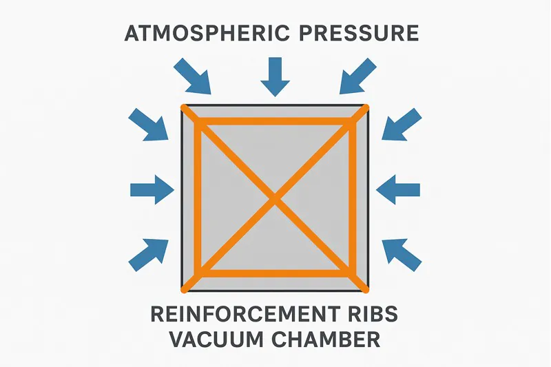 A diagram showing arrows of atmospheric pressure pushing in on a square chamber, with reinforcement ribs highlighted in a different color.