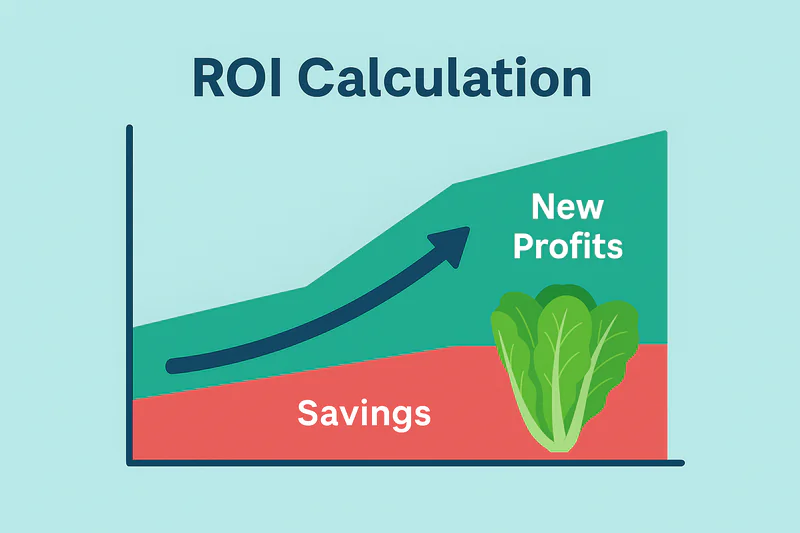 A simple ROI calculation graphic showing costs being quickly overtaken by savings and new profits