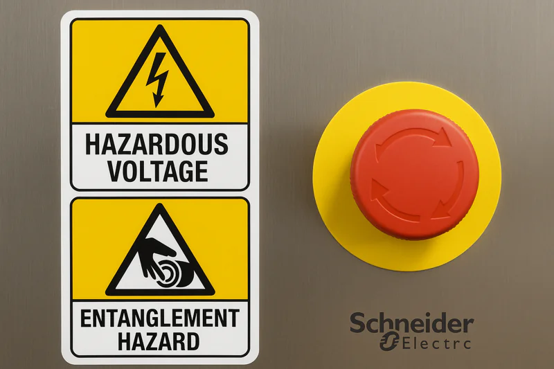 A photo showing safety pictograms (Hazardous Voltage, Entanglement Hazard) next to a Schneider emergency stop button on a machine.