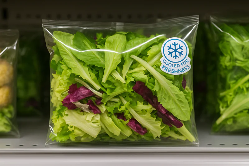 A bright, fresh-looking pre-packaged salad on a supermarket shelf, with a subtle 