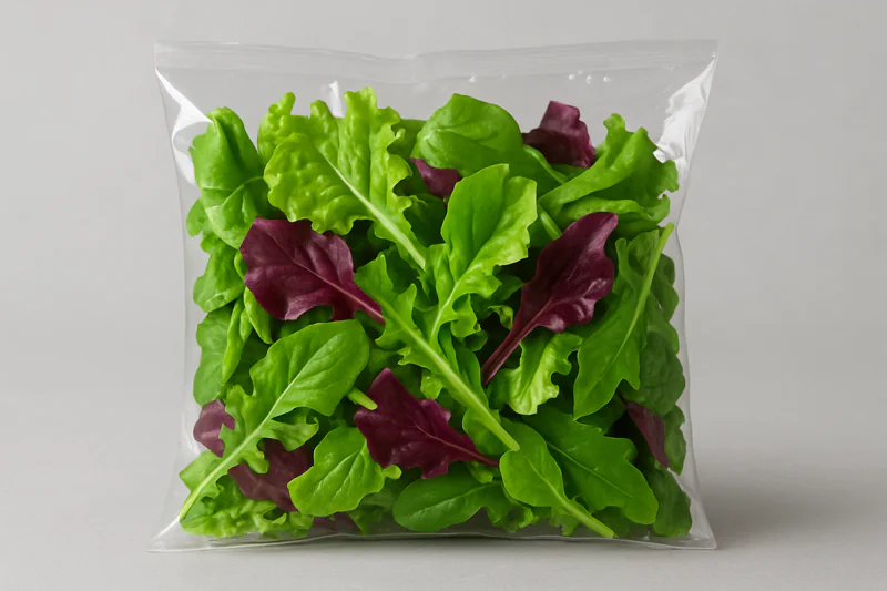 A beautiful shot of vibrant, crisp mixed salad greens in a transparent bag, looking extremely fresh.