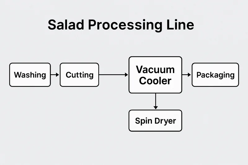A flowchart diagram of a salad processing line, with a large 