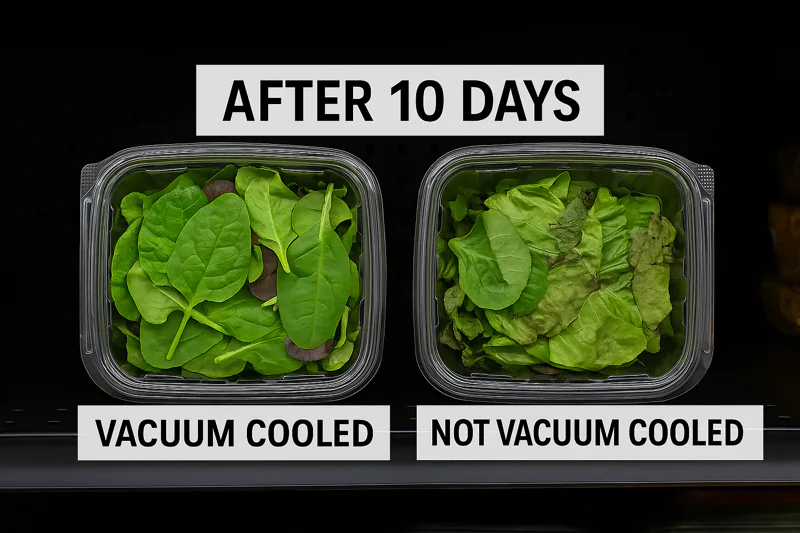 A grocery store shelf showing two clamshells of salad side-by-side after 10 days: the vacuum-cooled one looks fresh, the other is wilted.