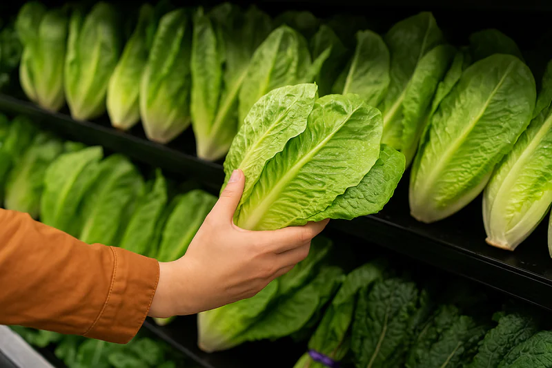 A close-up shot of a customer's hand choosing a perfect, crisp head of organic romaine lettuce in a supermarket