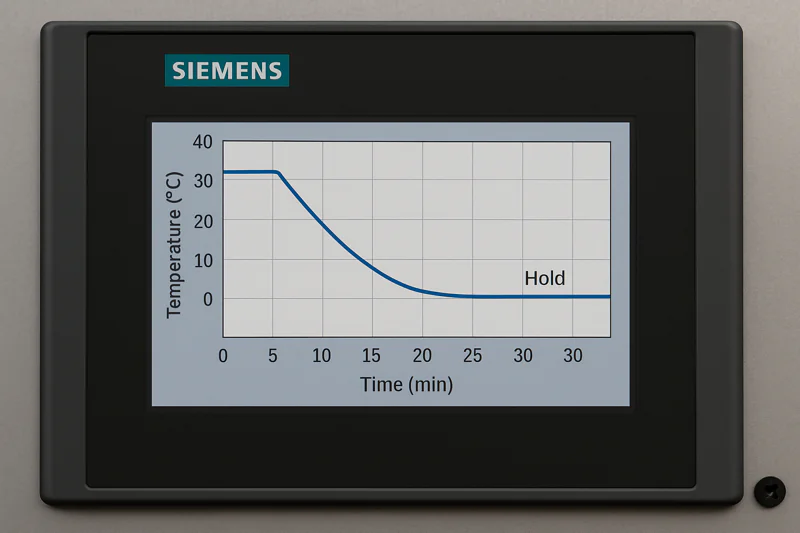 A close-up of a Siemens touch screen on a vacuum cooler, showing a graph of a cooling curve with a distinct 