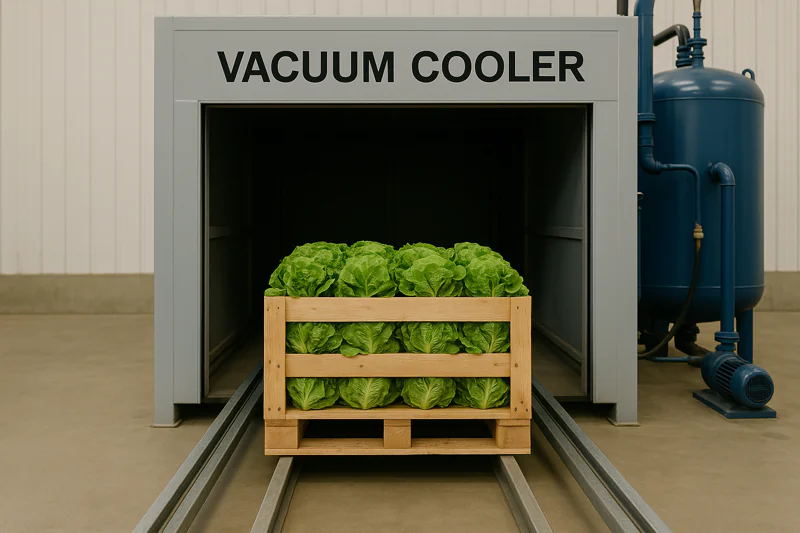 A single pallet of high-value produce being loaded into a large vacuum cooler