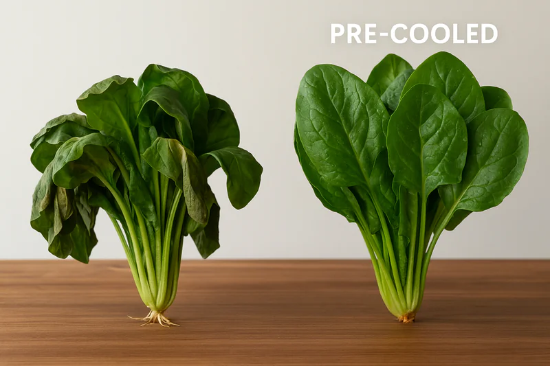 A time-lapse image showing one head of organic spinach wilting quickly while another, pre-cooled one, stays fresh