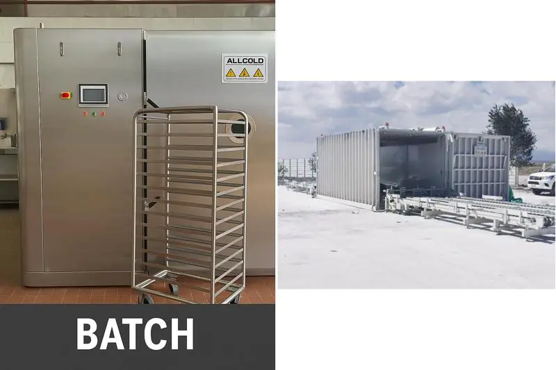 A split image showing a batch system with a trolley on one side, and a long continuous tunnel system with a conveyor belt on the other.