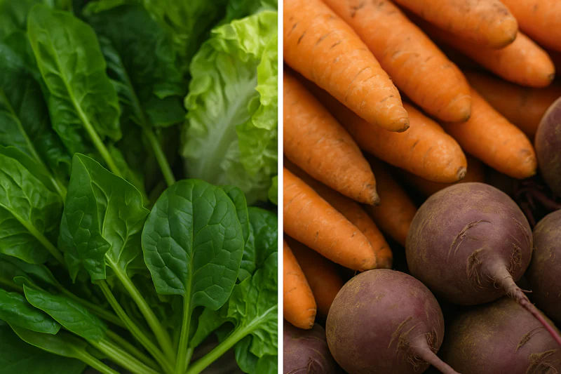 A split image showing vibrant, fresh leafy greens on one side and sturdy, earthy root vegetables on the other