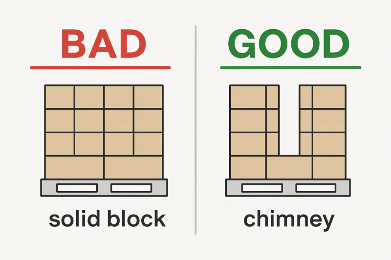 A side-by-side diagram showing bad 'solid block' stacking versus good 'chimney' stacking for vacuum cooling.