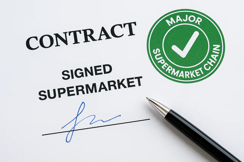 A signed contract with a major supermarket chain, representing a secure and low-risk business relationship