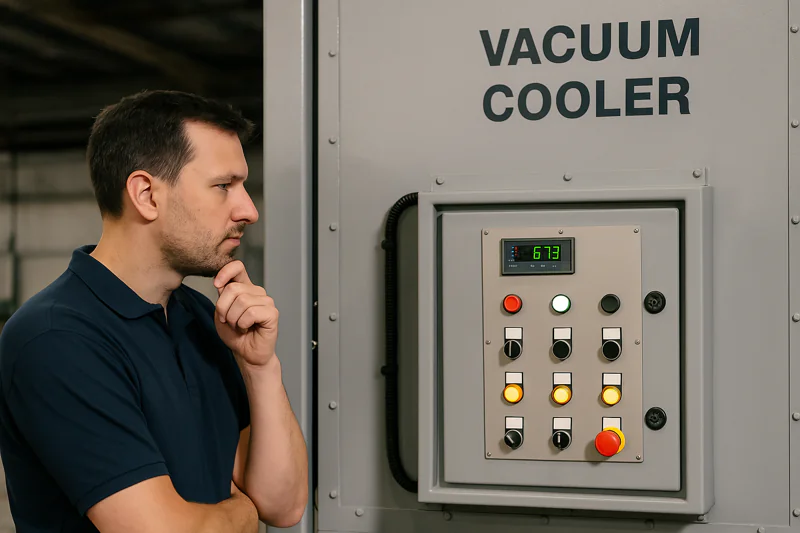 A technician looking thoughtfully at the control panel of a vacuum cooler.