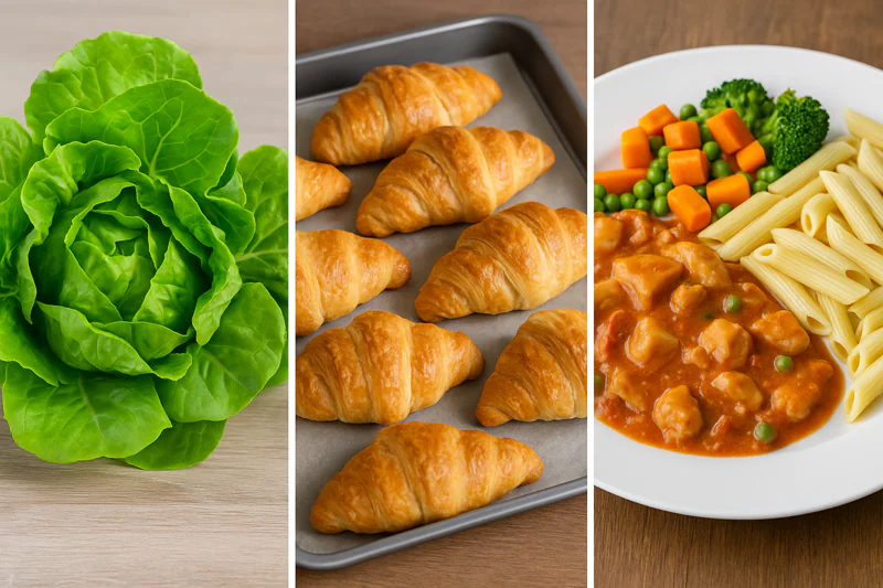A vibrant collage featuring a head of fresh lettuce, a tray of golden croissants, and a plated ready-meal, all products ideally suited for direct vacuum cooling.